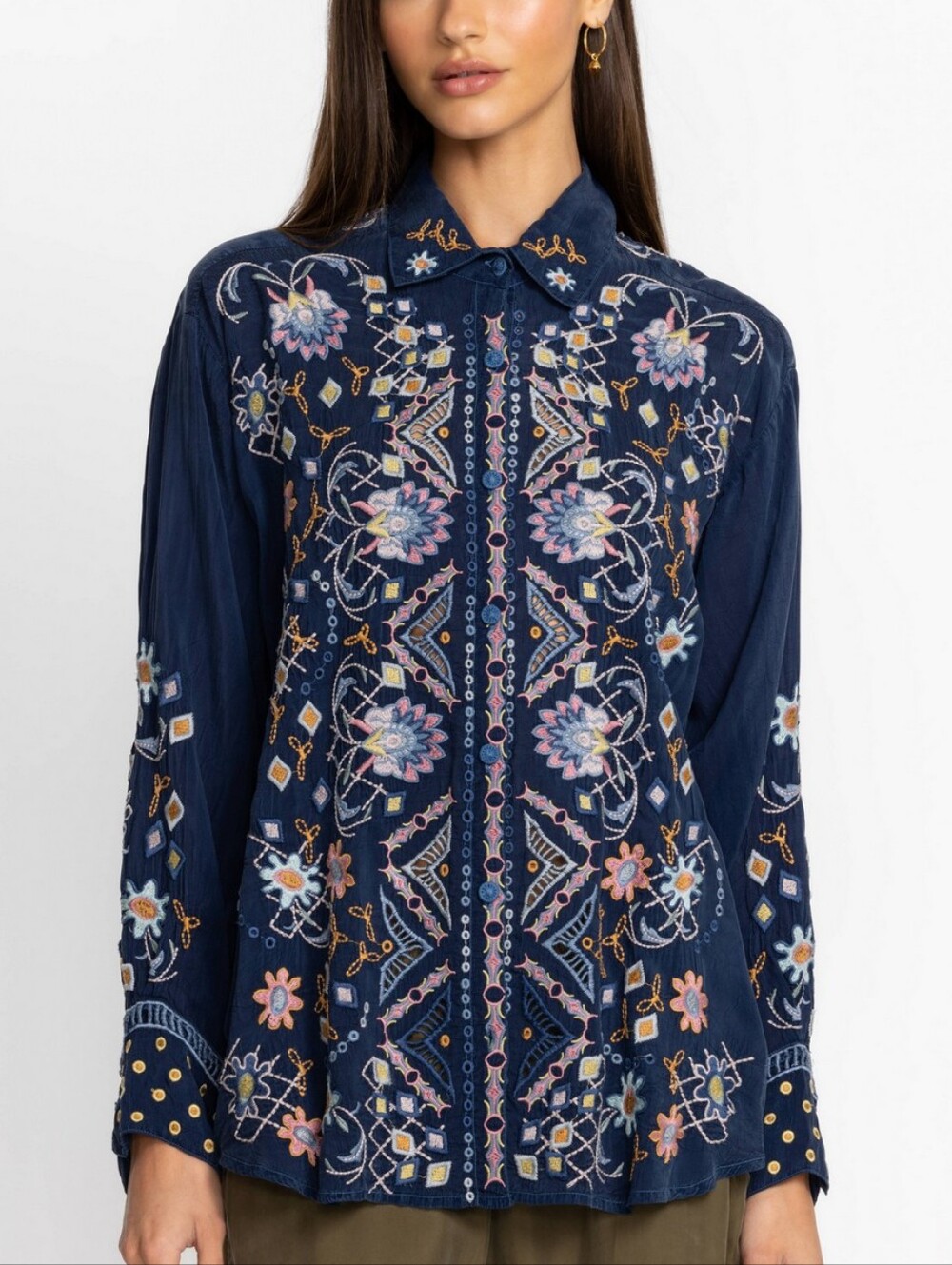 Johnny Was "McKenzie" Navy Blue Embroidered Button-Down Shirt Size XS
